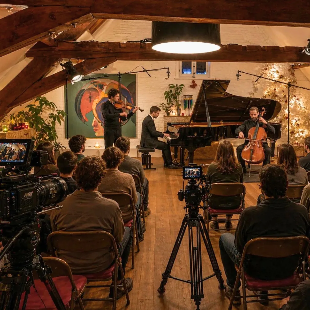Captation audiovisuelle d'un concert privé au Studio Jardin Musical à Bruxelles — trio violon, piano Steinway et violoncelle filmés en multicaméra cinéma (RED Komodo 6K, ARRI) sous la charpente